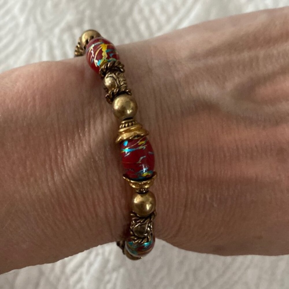 Gold, dark red & turquoise Bracelet